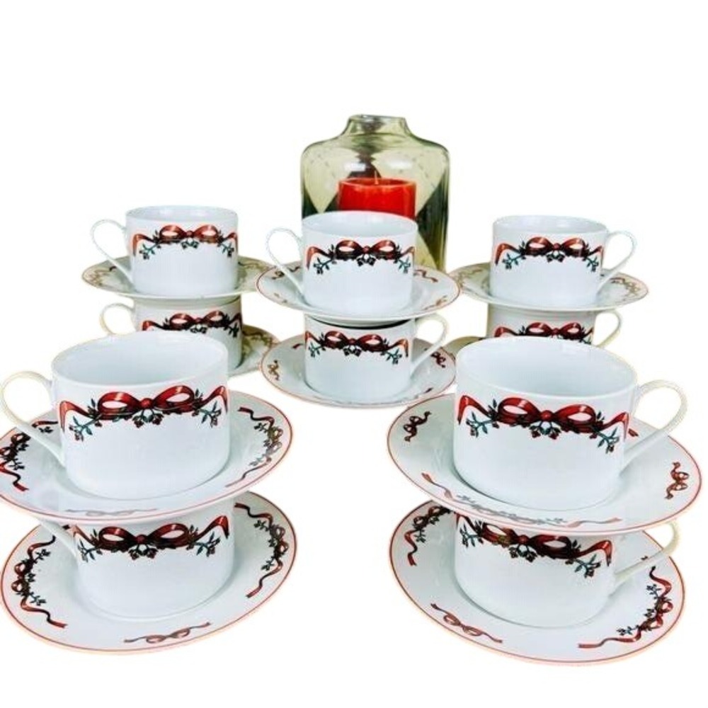 Vintage Christmas Tea Service for 10 Red Bow & Wreath Teacup Saucer Set